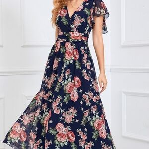 JJs House Navy and Pink Floral Maxi Dress